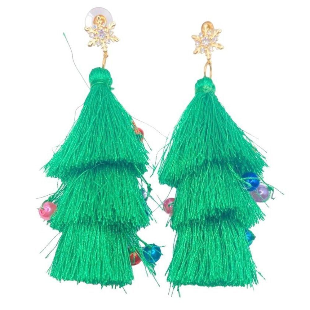Christmas Green Tassel Jingle Bell Dangle Barrings